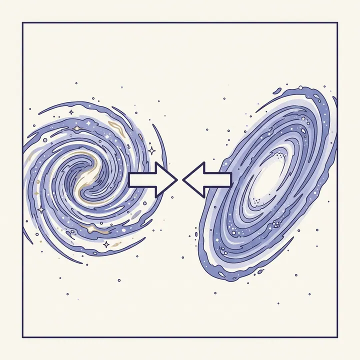 Two spiral galaxies approaching each other with arrows pointing inward