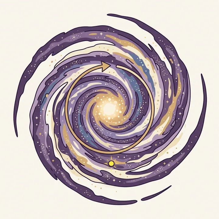 Top-down spiral Milky Way galaxy with the Sun marked and an orbital arrow