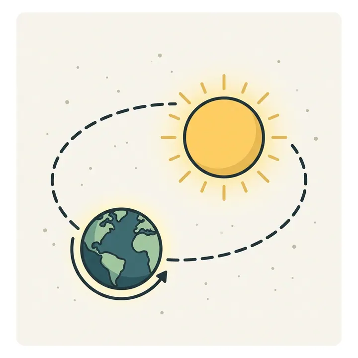 Earth orbiting the Sun along a dotted elliptical path