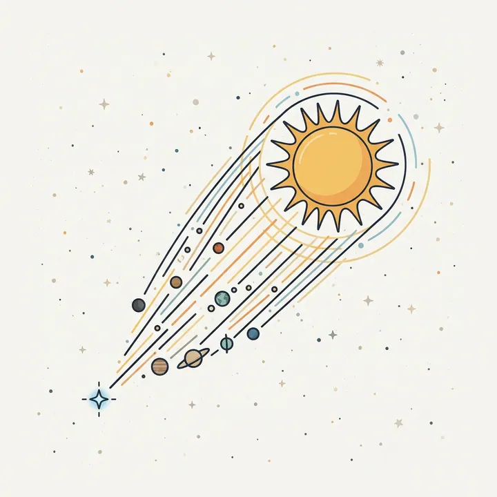 The Sun moving through space toward a distant star with a motion trail